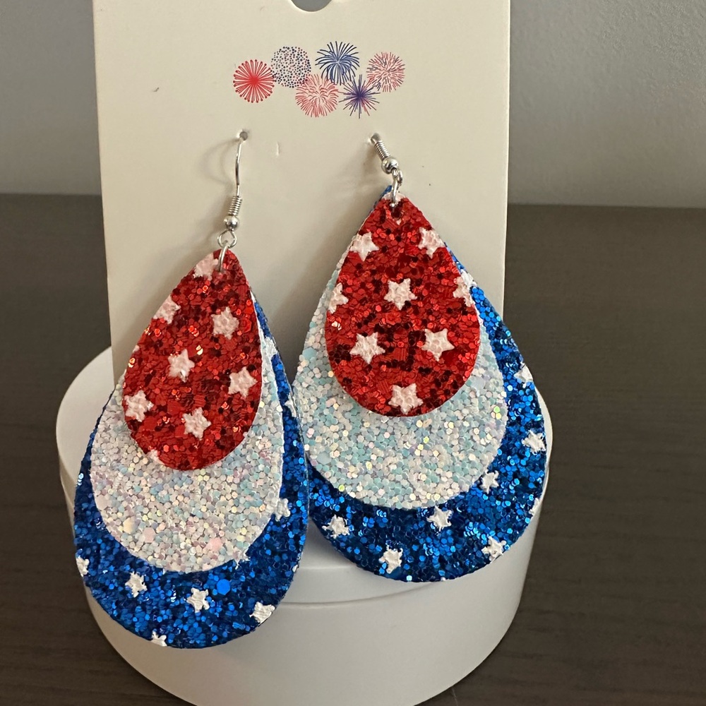 Red, White, and Blue Glitter Teardrop Earrings NWT